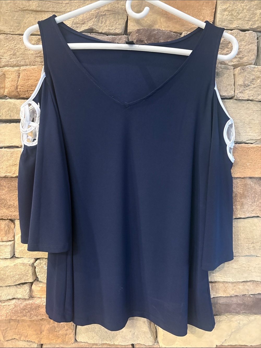 Navy Cold-Shoulder V-Neck Blouse with White Trim